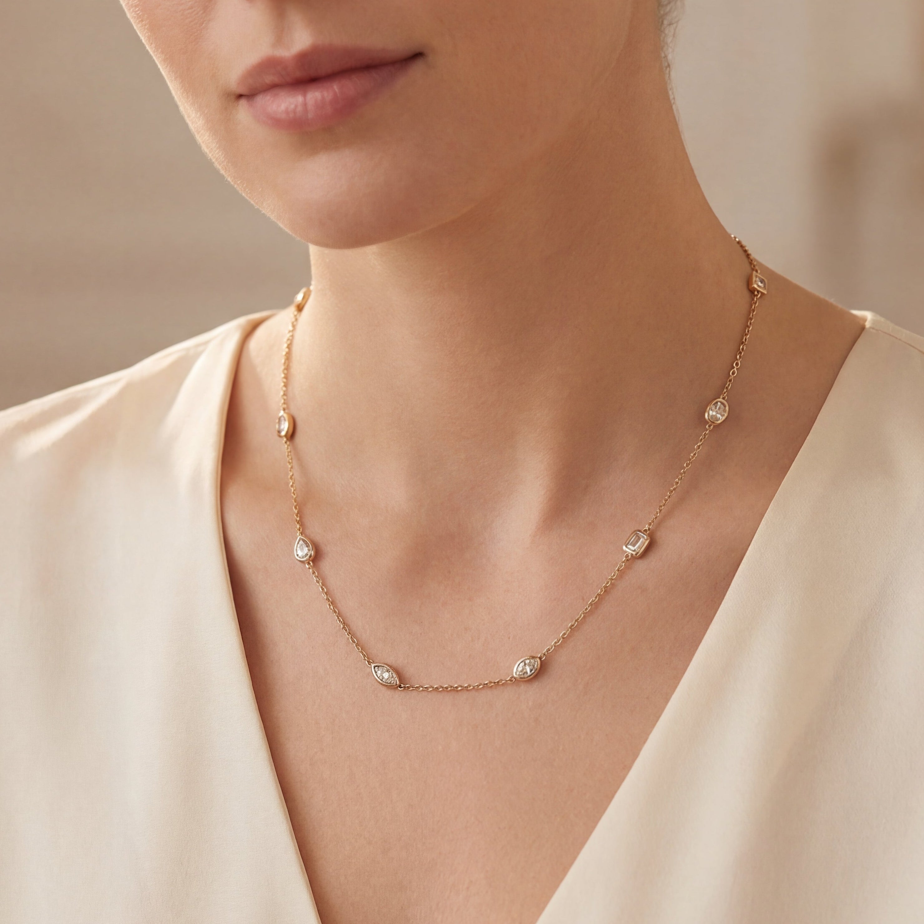 Levendi Pure Line - 12 Diamonds Mix Shape Bezel Set Fine Necklace