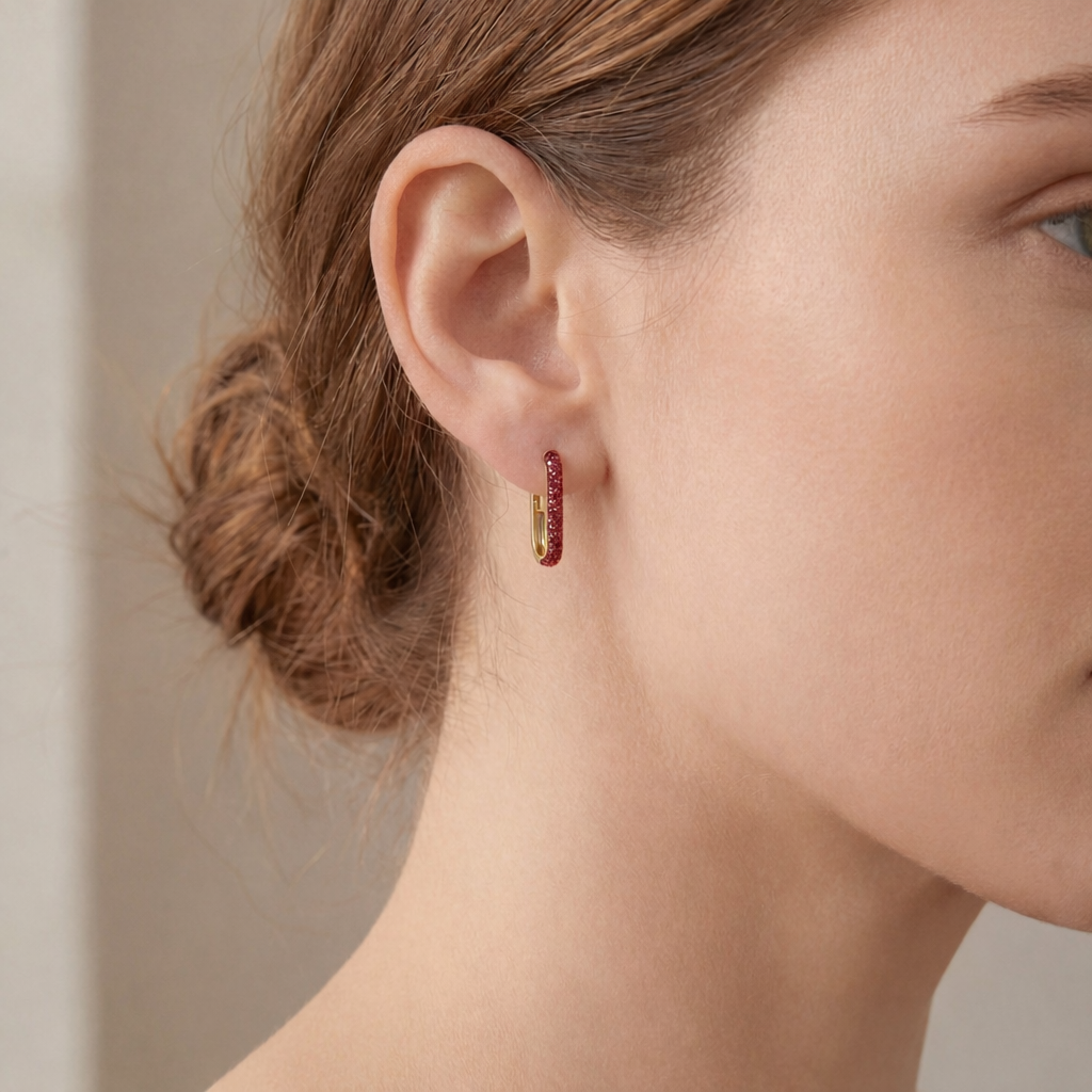Levendi Essentials - U shape Rubies pavé Hoops, view 2 — Levendi Jewellers