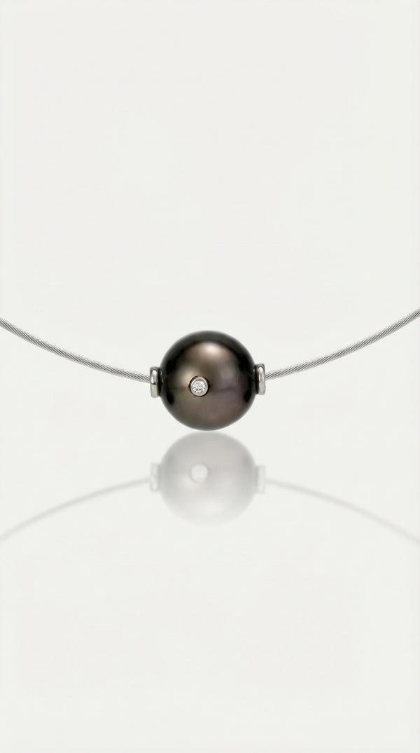 Tahitian Pearl - Round 12 mm Single Diamond Omega — Levendi Jewellers