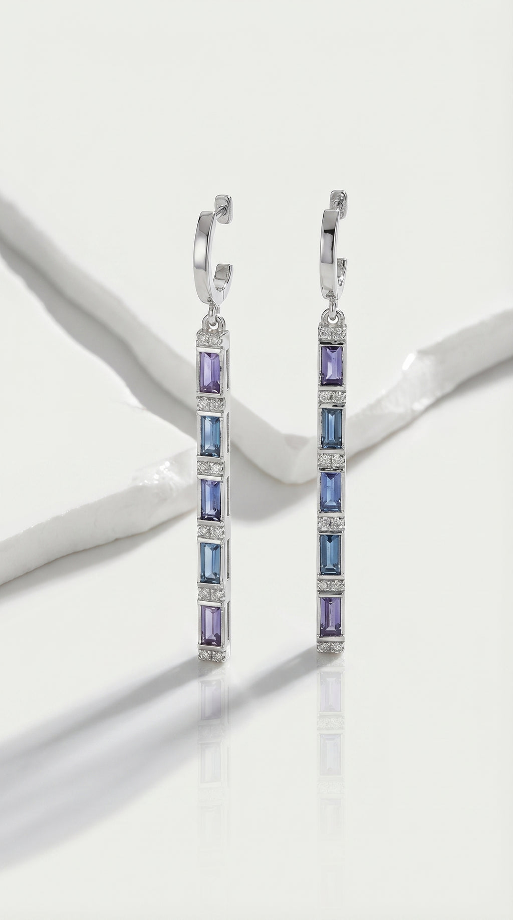 Rainbow - Sapphire, Iolite & London Blue Topaz Baguette Long Earrings — Levendi Jewellers
