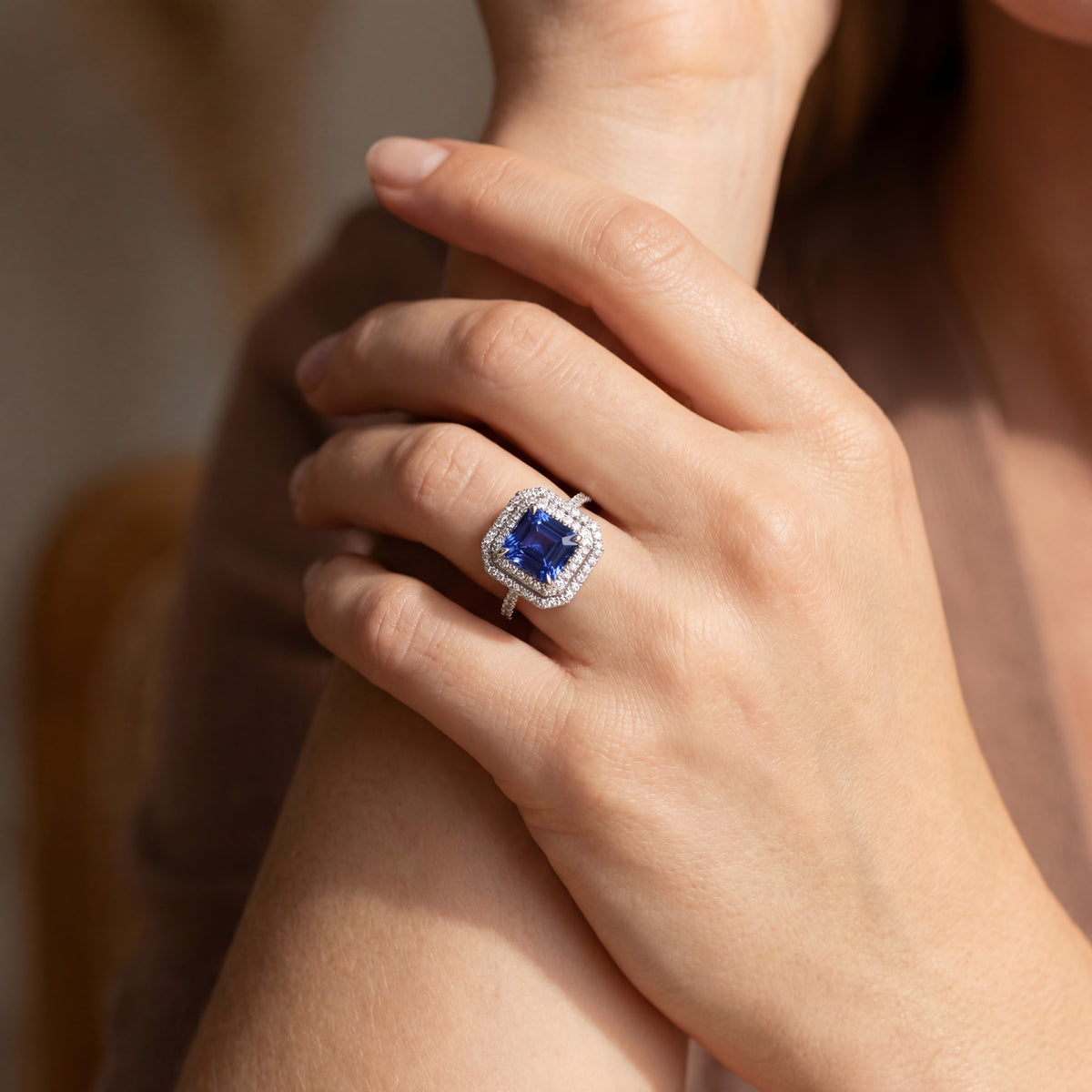 Tanzanite Cushion Cut & Double Diamond Halo Ring, view 2 — Levendi Jewellers