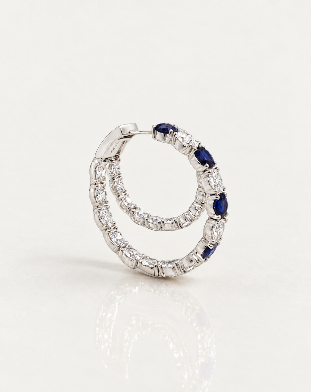 Blue Sapphire & Diamond Double Hoop Earrings – side view, white gold