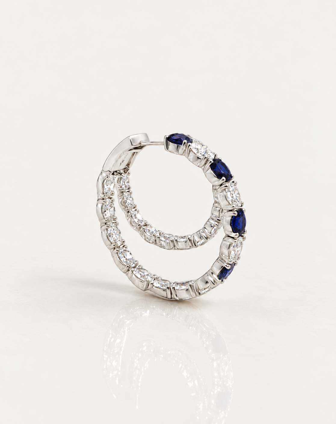 Blue Sapphire & Diamond Double Hoop Earrings – side view, white gold