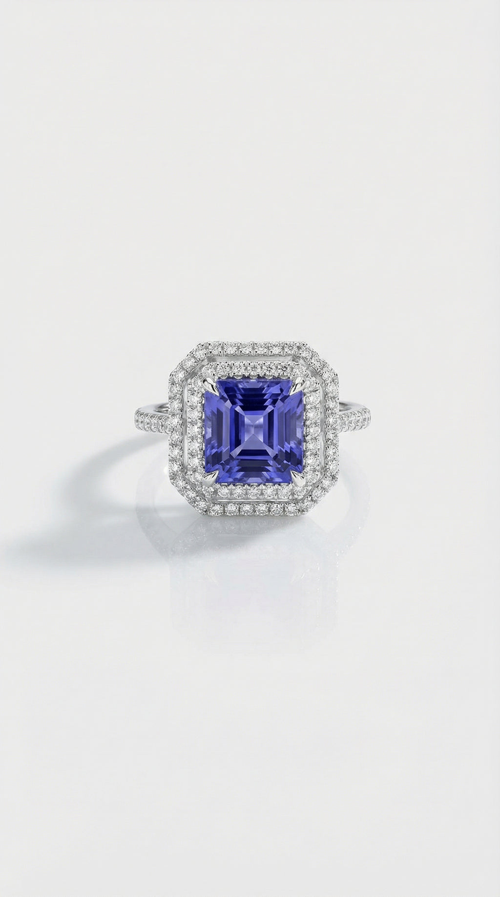 Tanzanite Cushion Cut & Double Diamond Halo Ring — Levendi Jewellers
