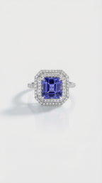 Tanzanite Cushion Cut & Double Diamond Halo Ring — Levendi Jewellers