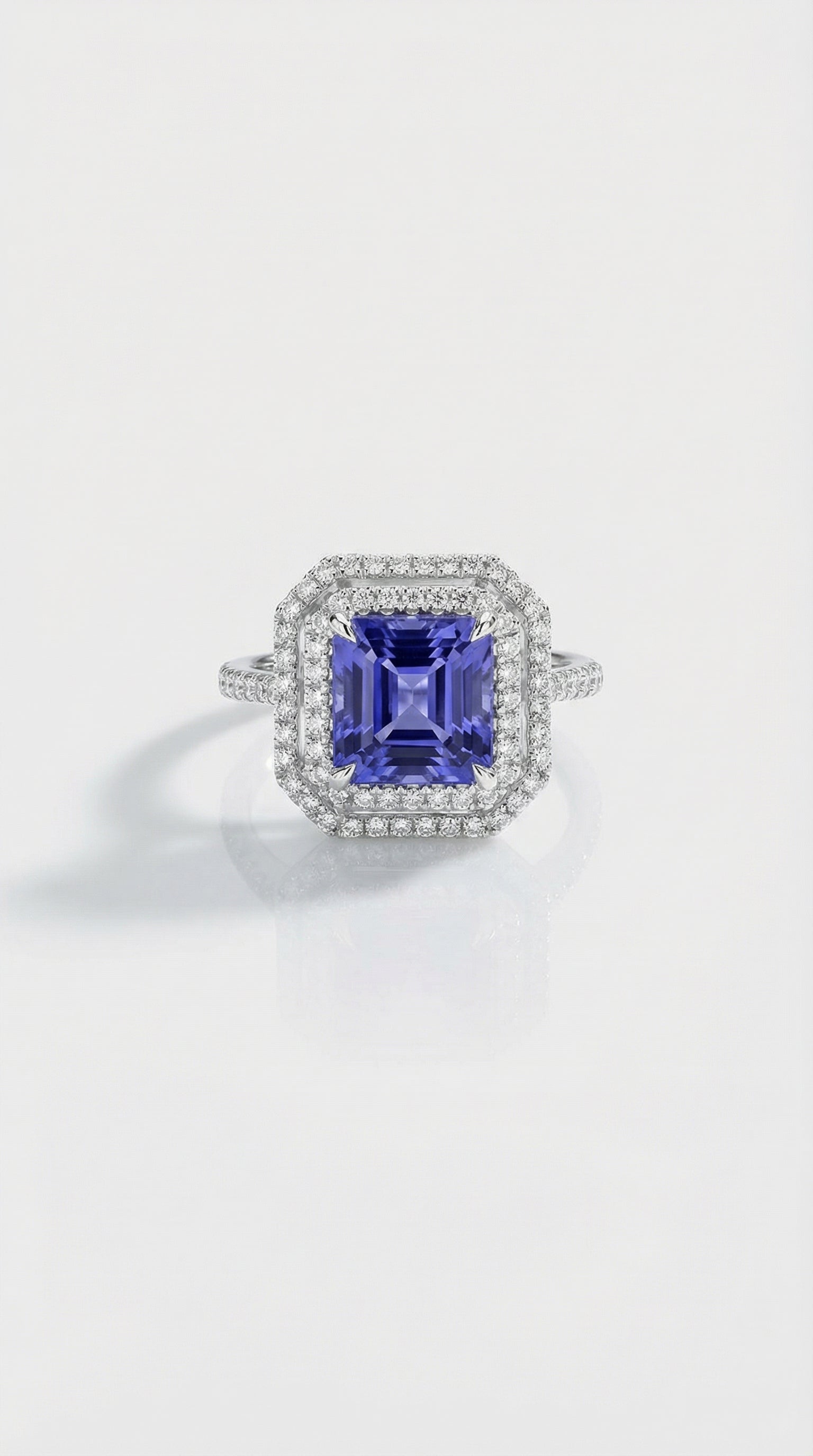 Tanzanite Cushion Cut & Double Diamond Halo Ring