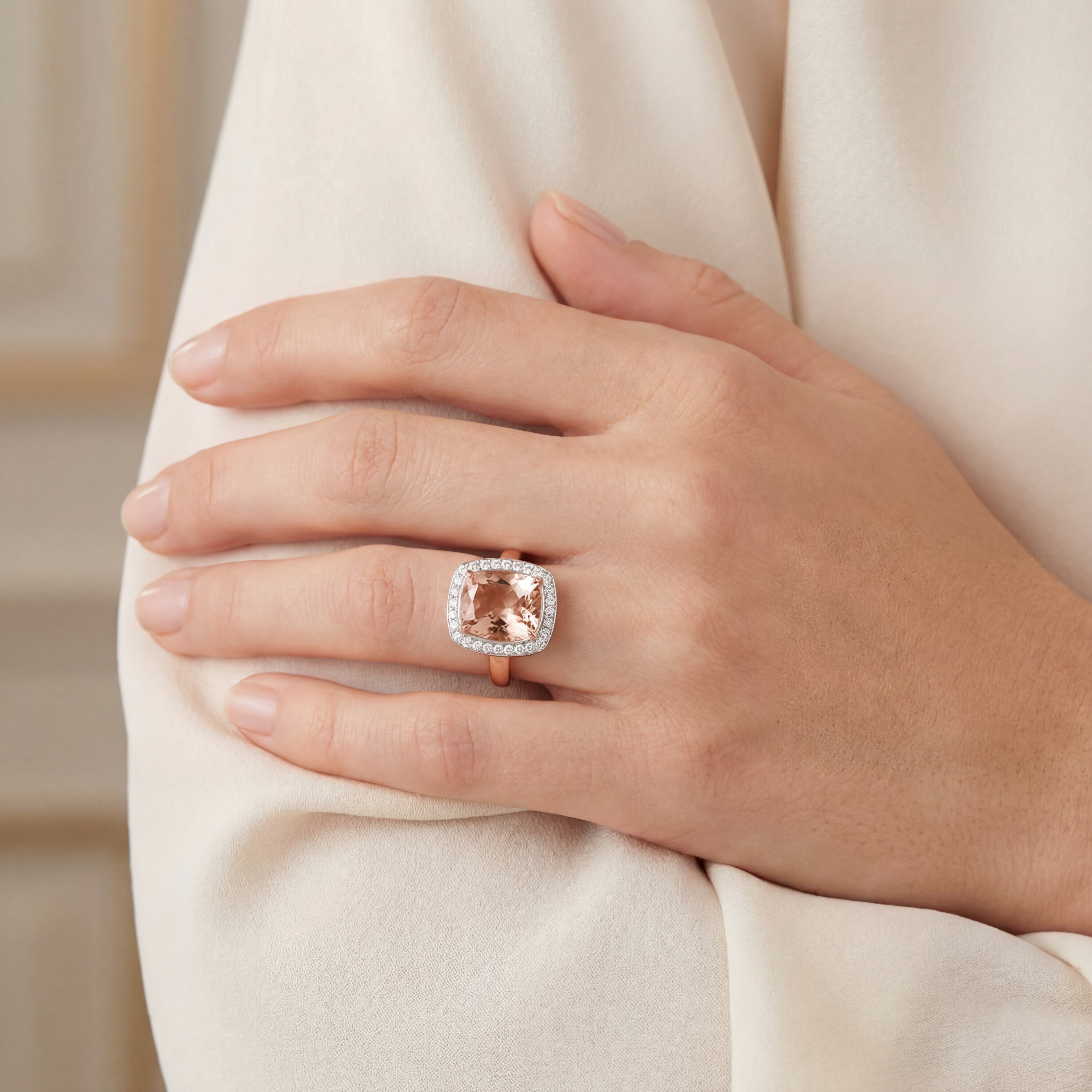Emerald Cut Pink Morganite & Diamond Ring