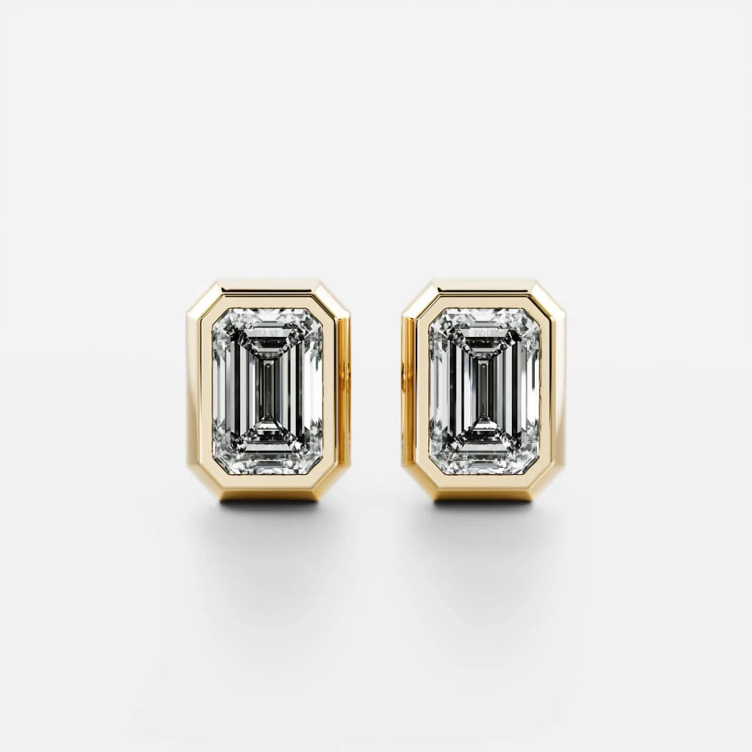 Classic Bezel Emerald Cut Diamond Studs Earrings — Levendi Jewellers
