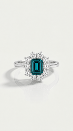Emerald Cut Blue Sapphire Ring Diamond Halo Ring — Levendi Jewellers