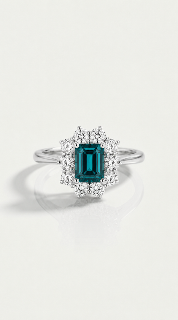 Emerald Cut Blue Sapphire Ring Diamond Halo Ring — Levendi Jewellers