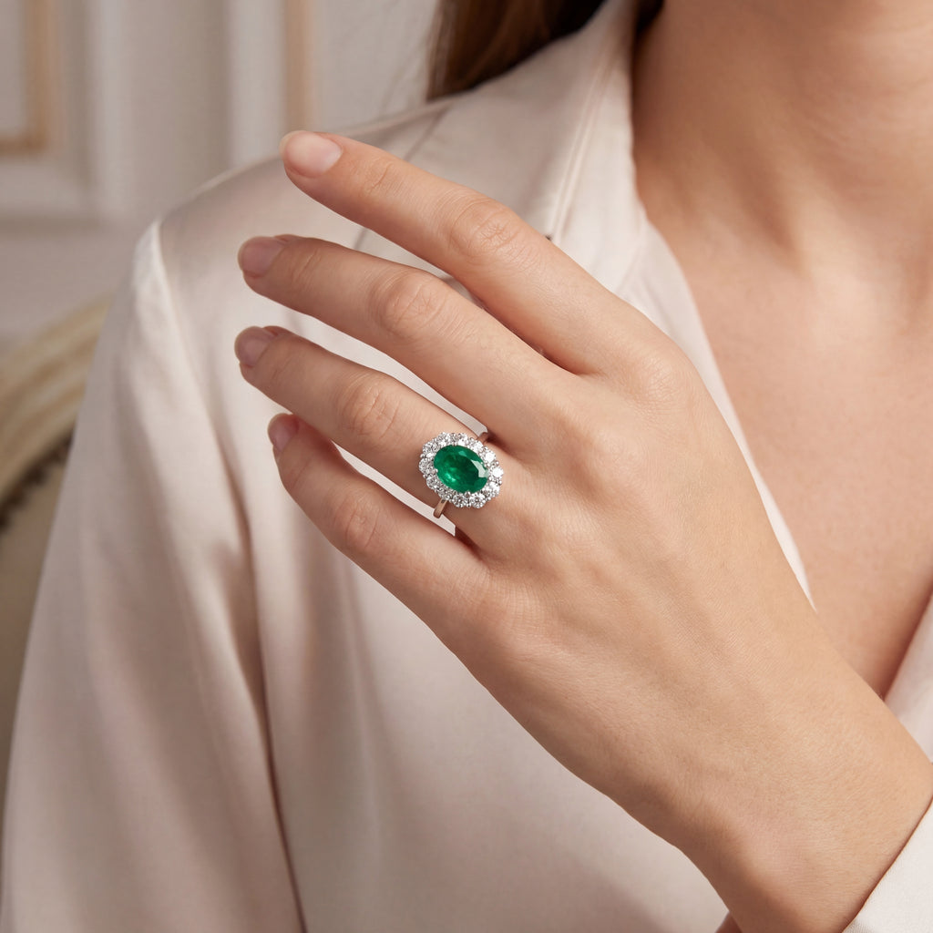 The Majesty Athena - Green Emerald Diamonds Halo, view 3 — Levendi Jewellers