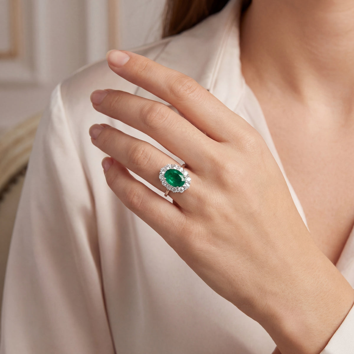 The Majesty Athena - Green Emerald Diamonds Halo, view 3 — Levendi Jewellers
