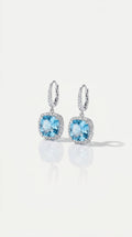 SKY Blue Topaz Square Cushion & Diamond Drop Earrings