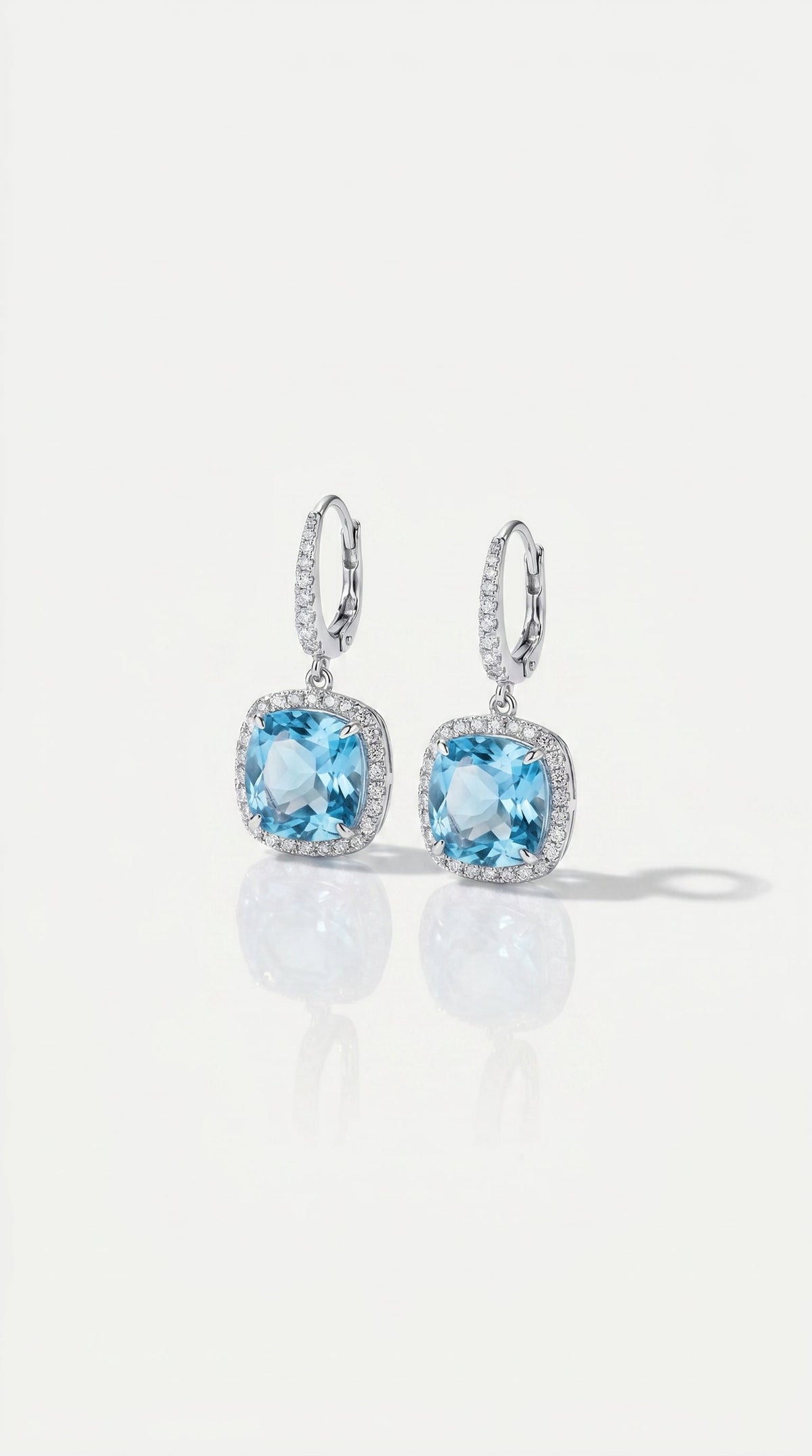 SKY Blue Topaz Square Cushion & Diamond Drop Earrings — Levendi Jewellers