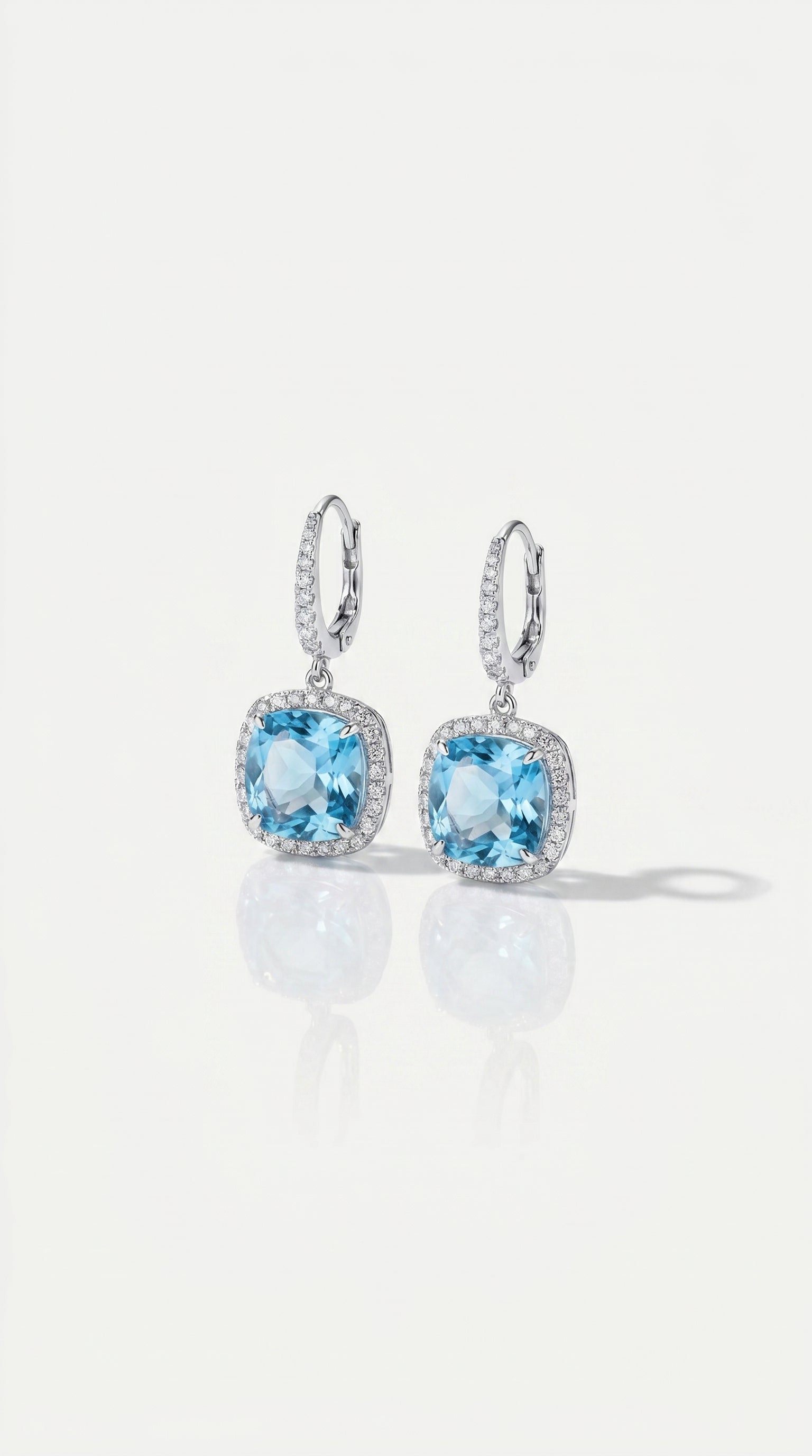 SKY Blue Topaz Square Cushion & Diamond Drop Earrings