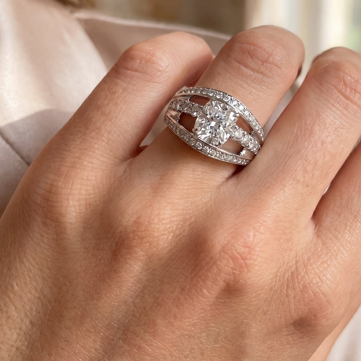 The Ellipse 3 Row Cushion Cut Diamond Ring, view 2 — Levendi Jewellers