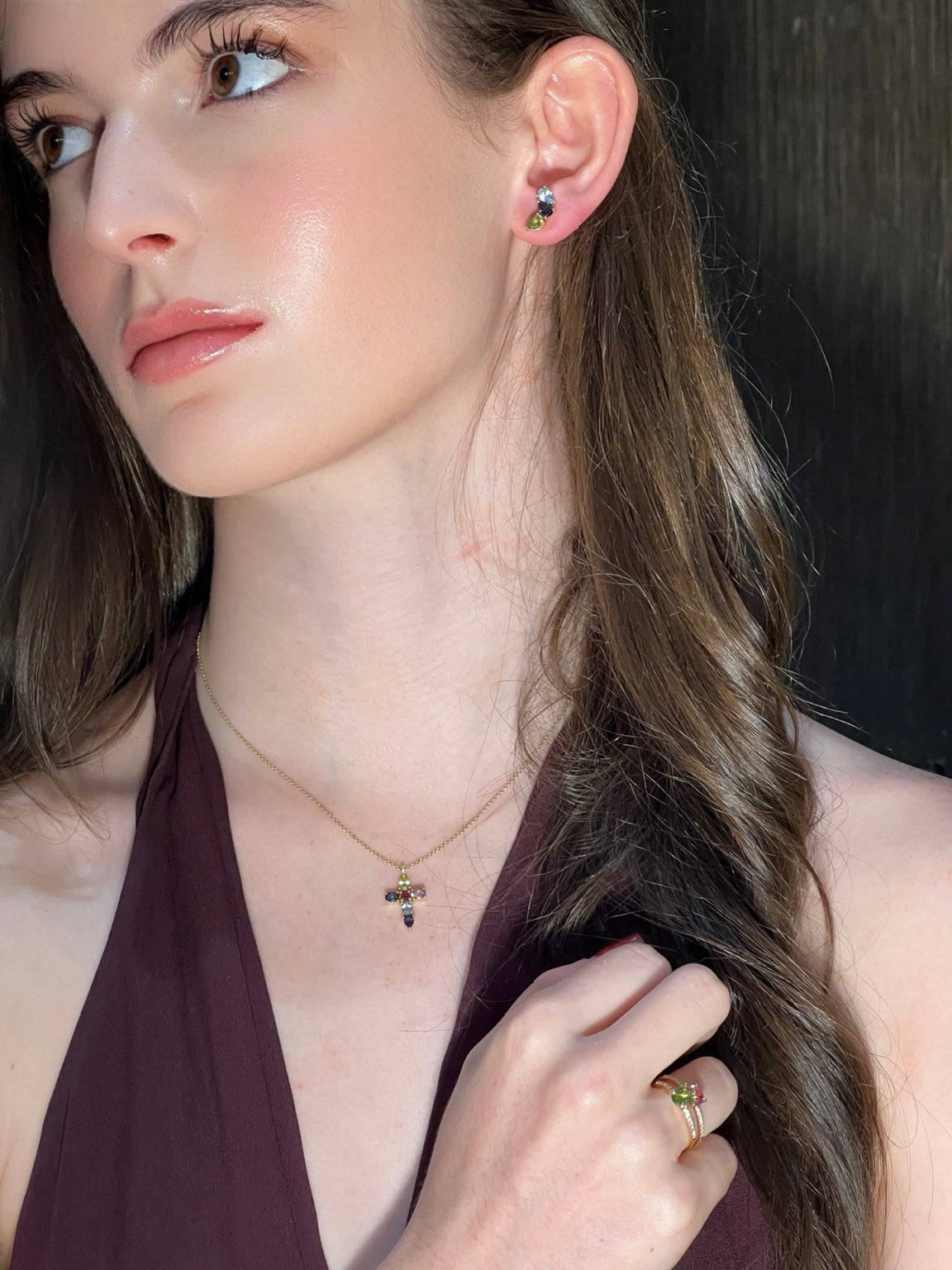 Rainbow - Multi Gemstones Cross Pendant