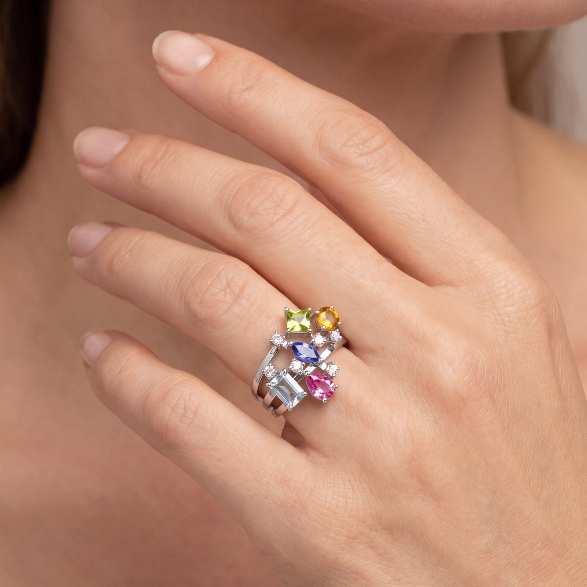 Mermaid Coral Coloured Gemstones Ring, view 2 — Levendi Jewellers