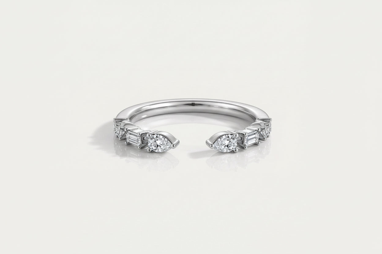 Wedding Band - Open White Gold Baguette and Round Brilliant Cut Diamond