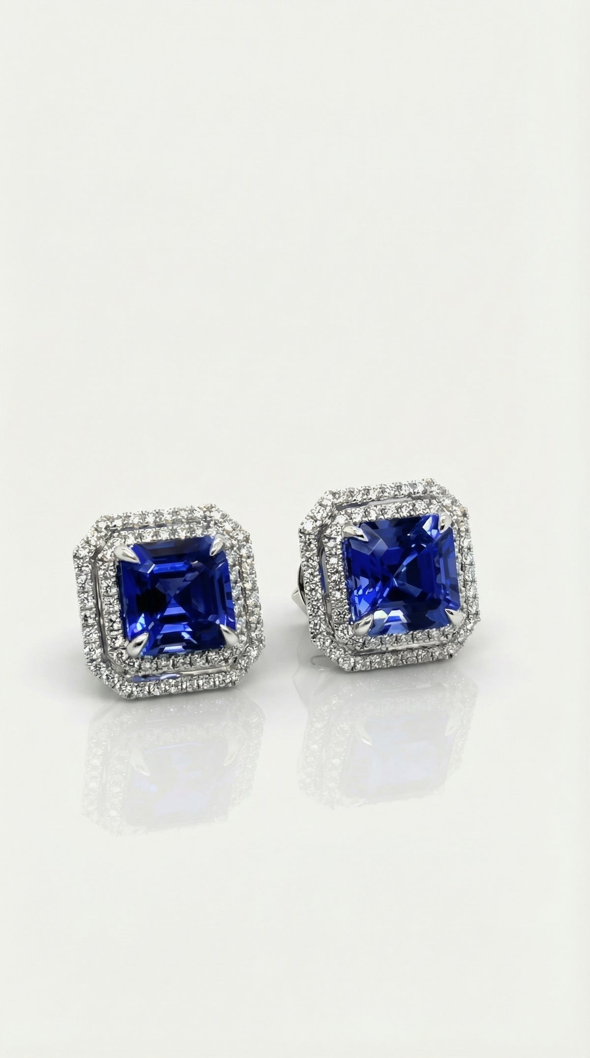 Tanzanite Cushion Cut & Diamonds Double Halo Earrings — Levendi Jewellers