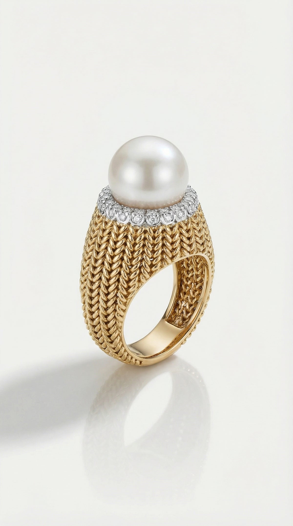 Australian South Sea Pearl & Diamond Knit Ring — Levendi Jewellers