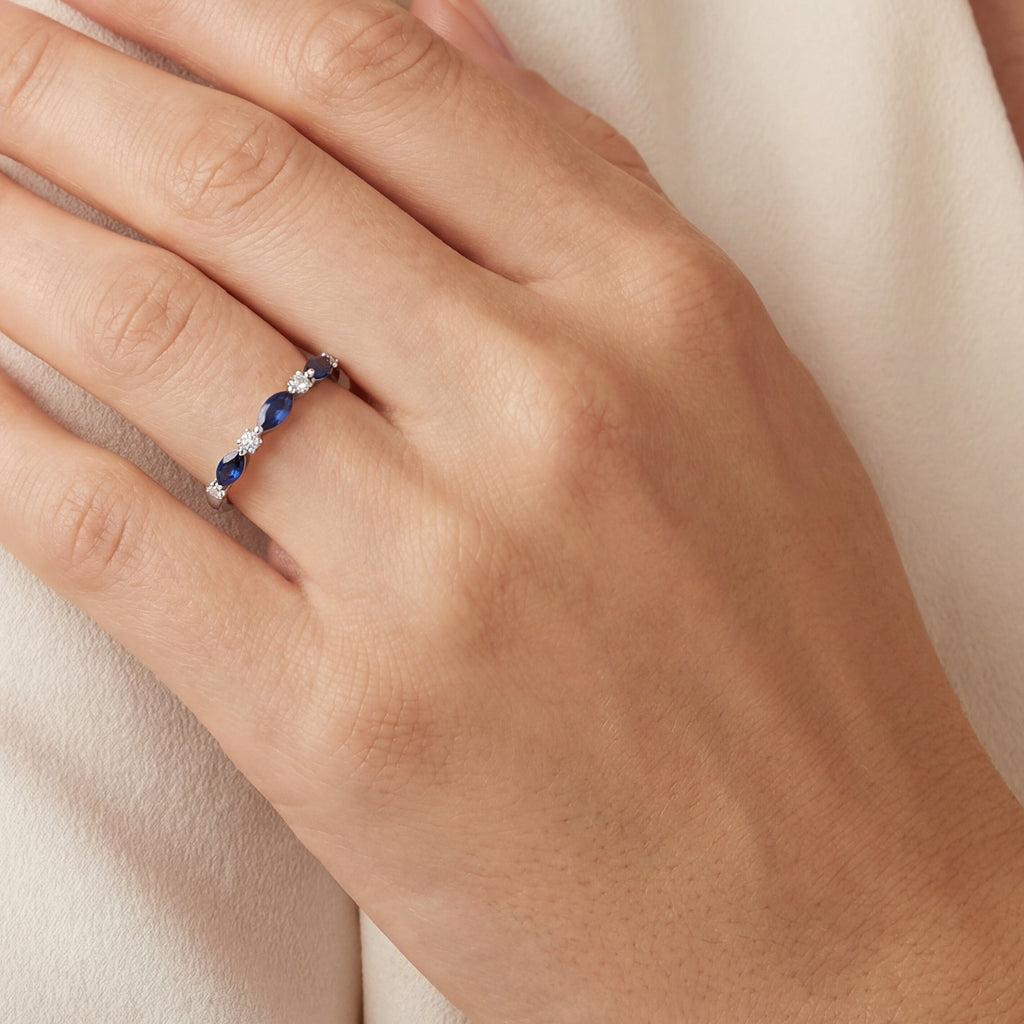 Wedding Band - White Gold Marquise Sapphire and Diamond., view 2 — Levendi Jewellers