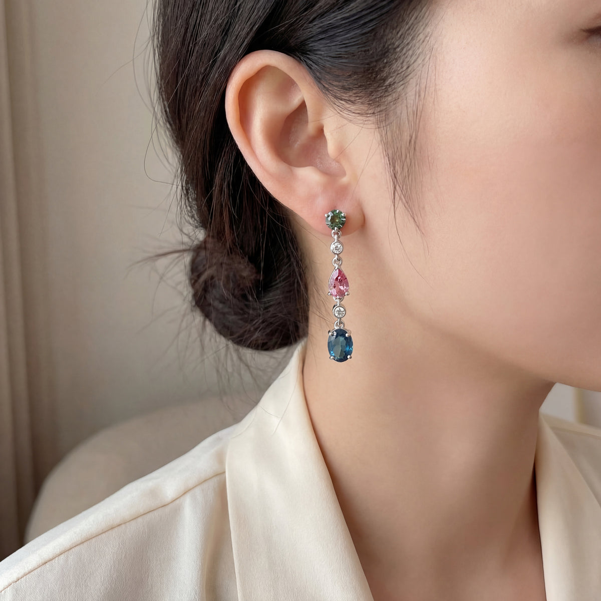 Parti Sapphire, Pink Tourmaline & London Blue Topaz Drop Earrings, view 2 — Levendi Jewellers