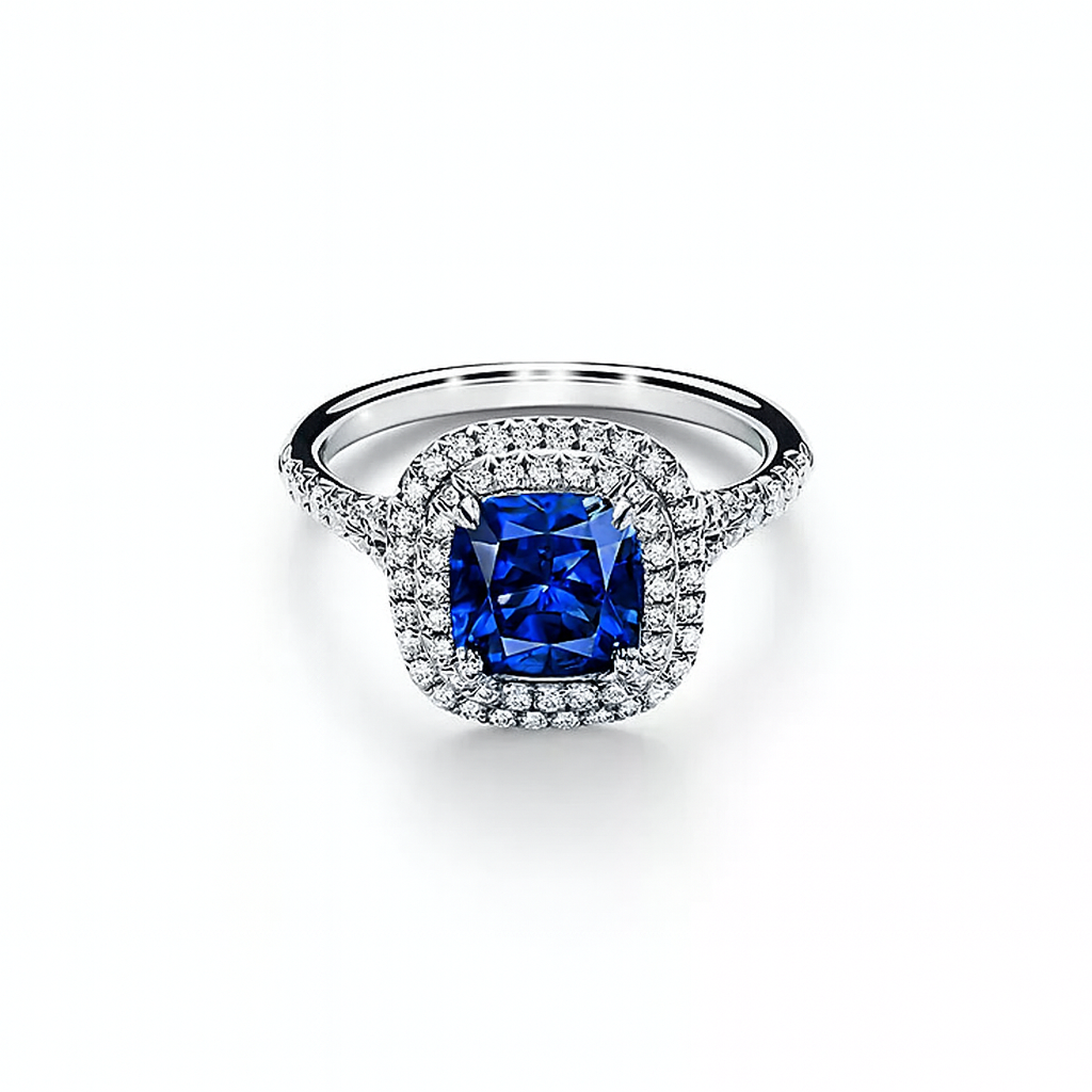 Classic Sapphire Cushion Double Halo Engagement Ring
