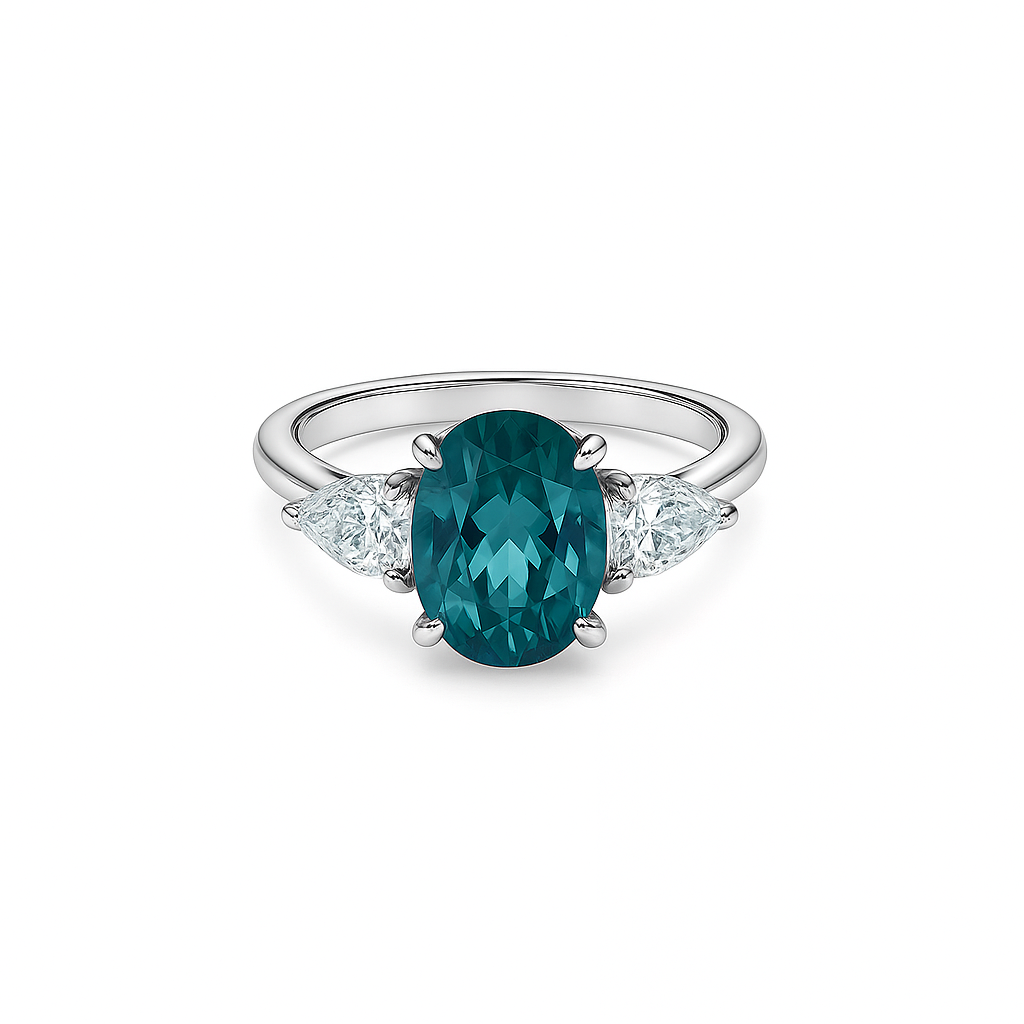 Trilogy Oval Teal Sapphire & Pear Cut Engagement Ring