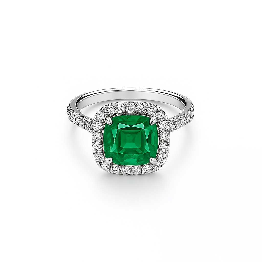 Classic Emerald Cushion Single Halo Engagement Ring