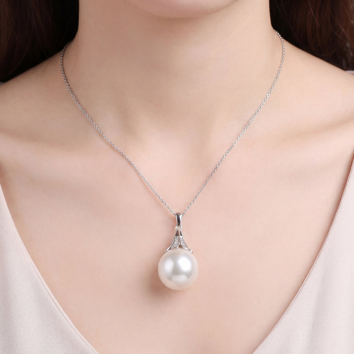 Australian South Sea Pearl - Oval 15 mm Trumpet Diamonds Pendant, view 2 — Levendi Jewellers