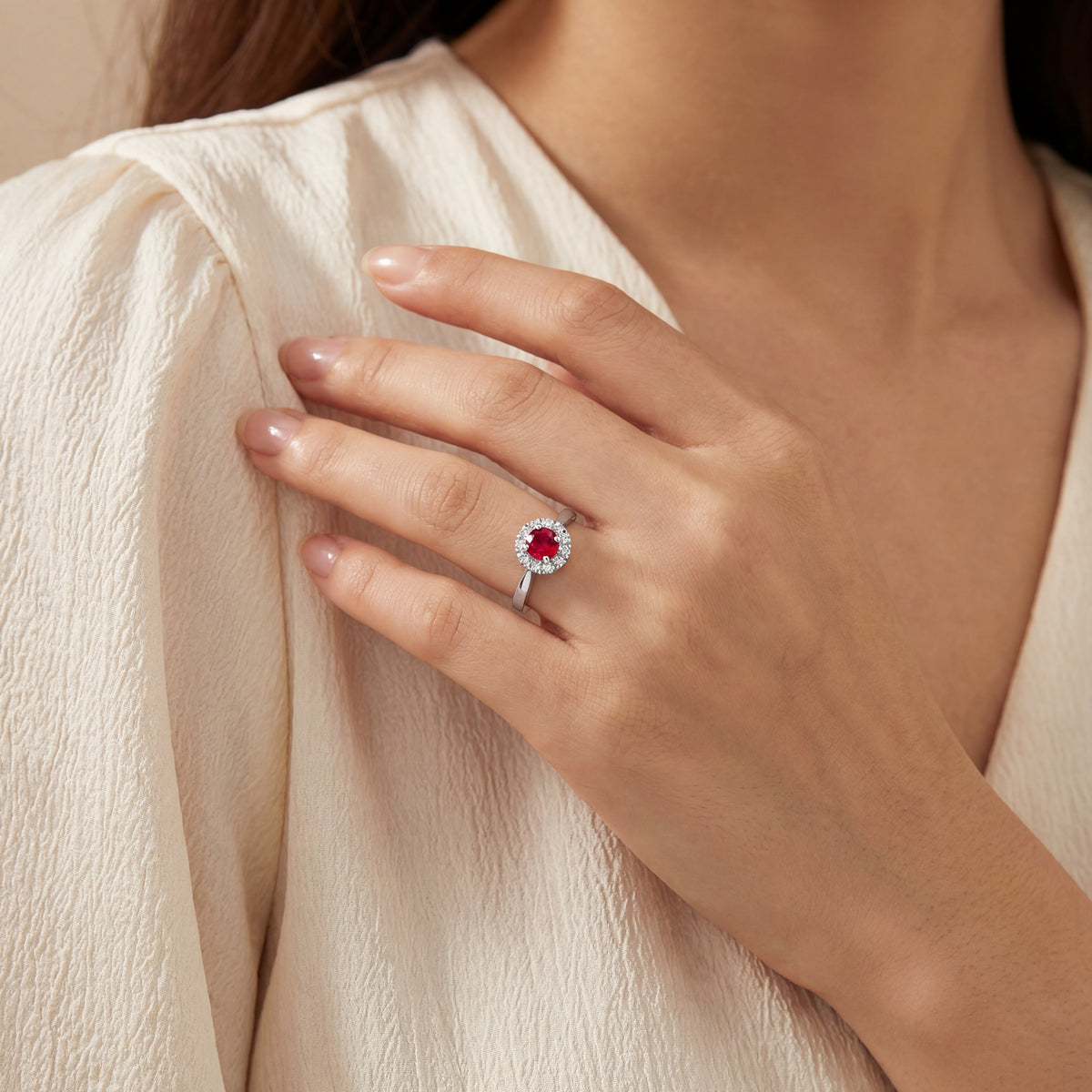 Burmese Ruby Halo Ring, view 2 — Levendi Jewellers