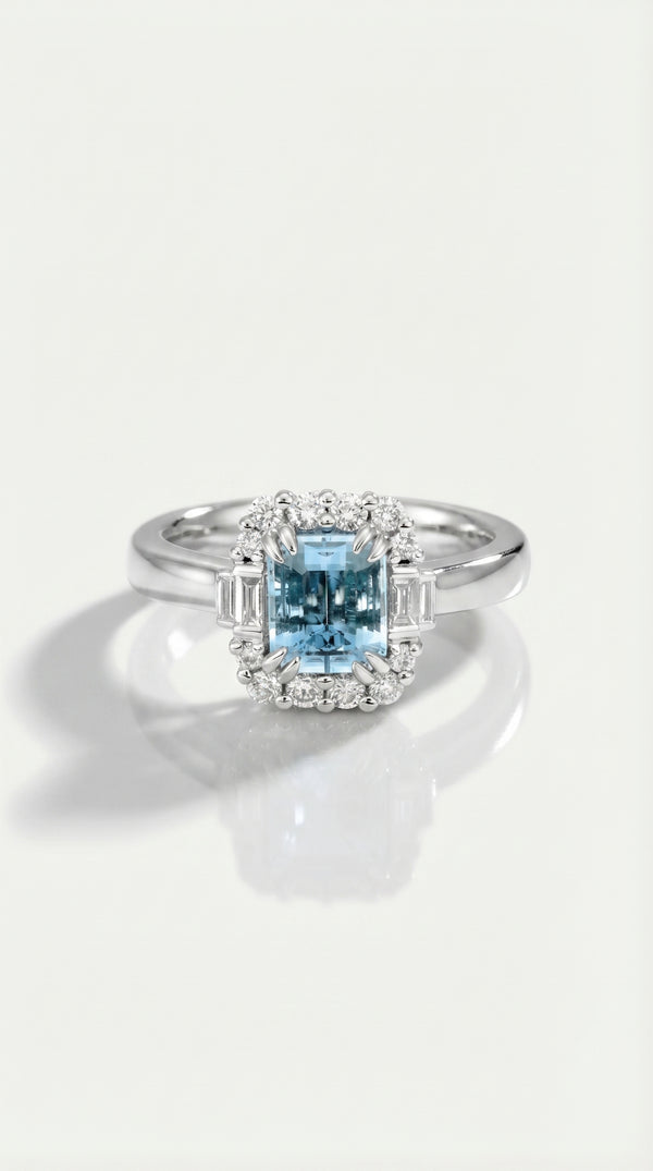 Aquamarine Emerald Cut & Diamond Dress Ring — Levendi Jewellers