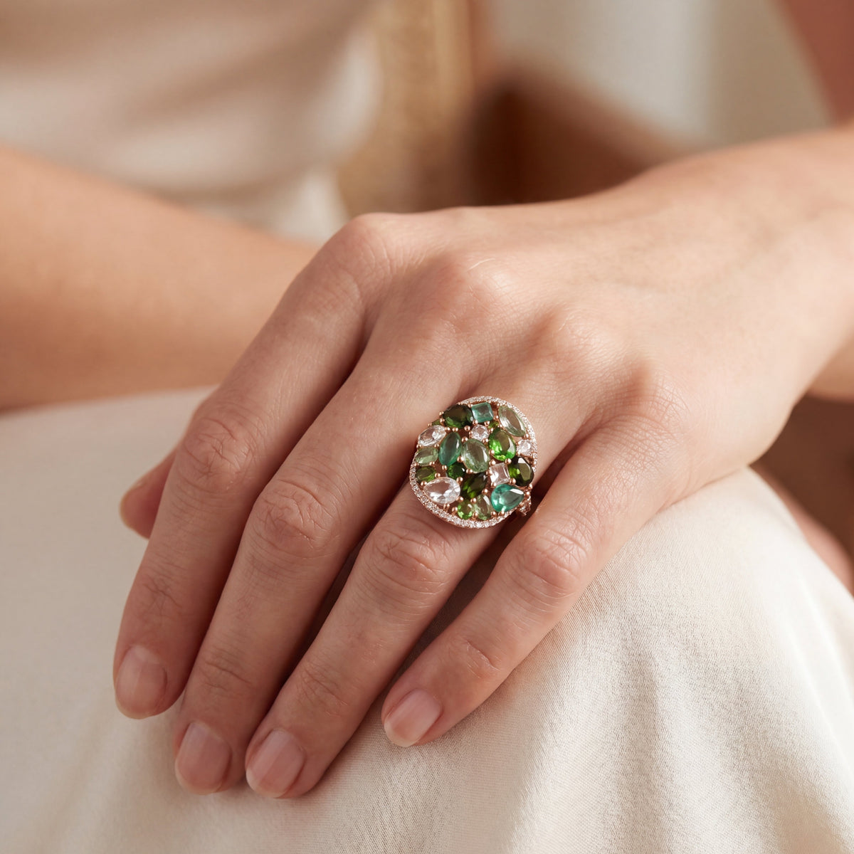 Mosaïque Éternelle - Emeralds & Green Sapphires Ring, view 2 — Levendi Jewellers