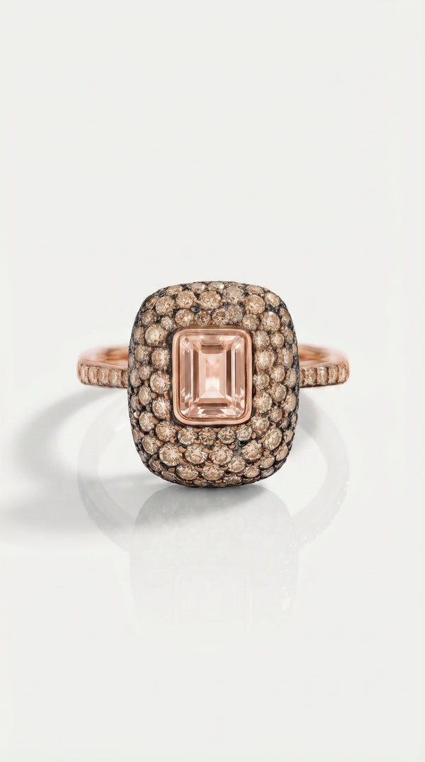 Emerald Cut Morganite & Champagne Diamond Dress Ring — Levendi Jewellers