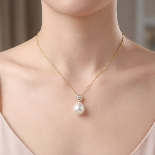 Australian South Sea Pearl - Drop Oval 14 mm Victorian Diamonds Pendant