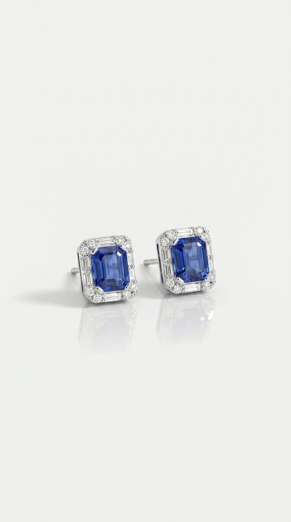 Ceylon Sapphire & Baguette Halo Earrings — Levendi Jewellers
