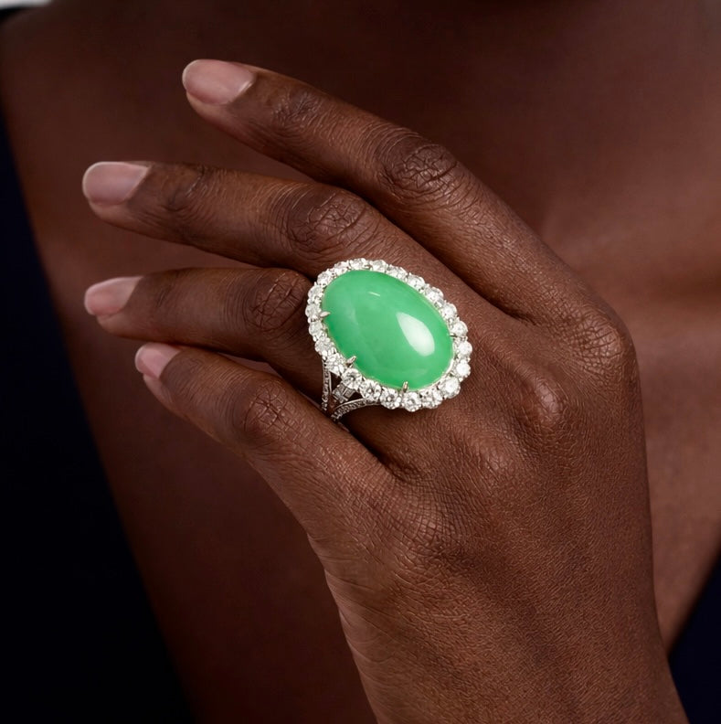 Sophia Levendi - Cabochon Chrysoprase and Diamond Ring, view 2 — Levendi Jewellers
