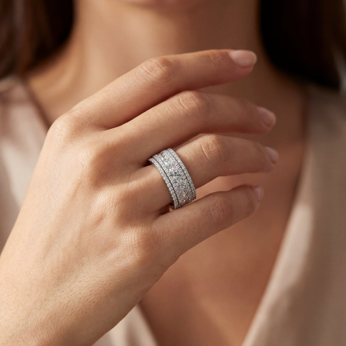 White Gold Channel Set Diamond Band with Round and Princess Cut Diamonds., view 2 — Levendi Jewellers