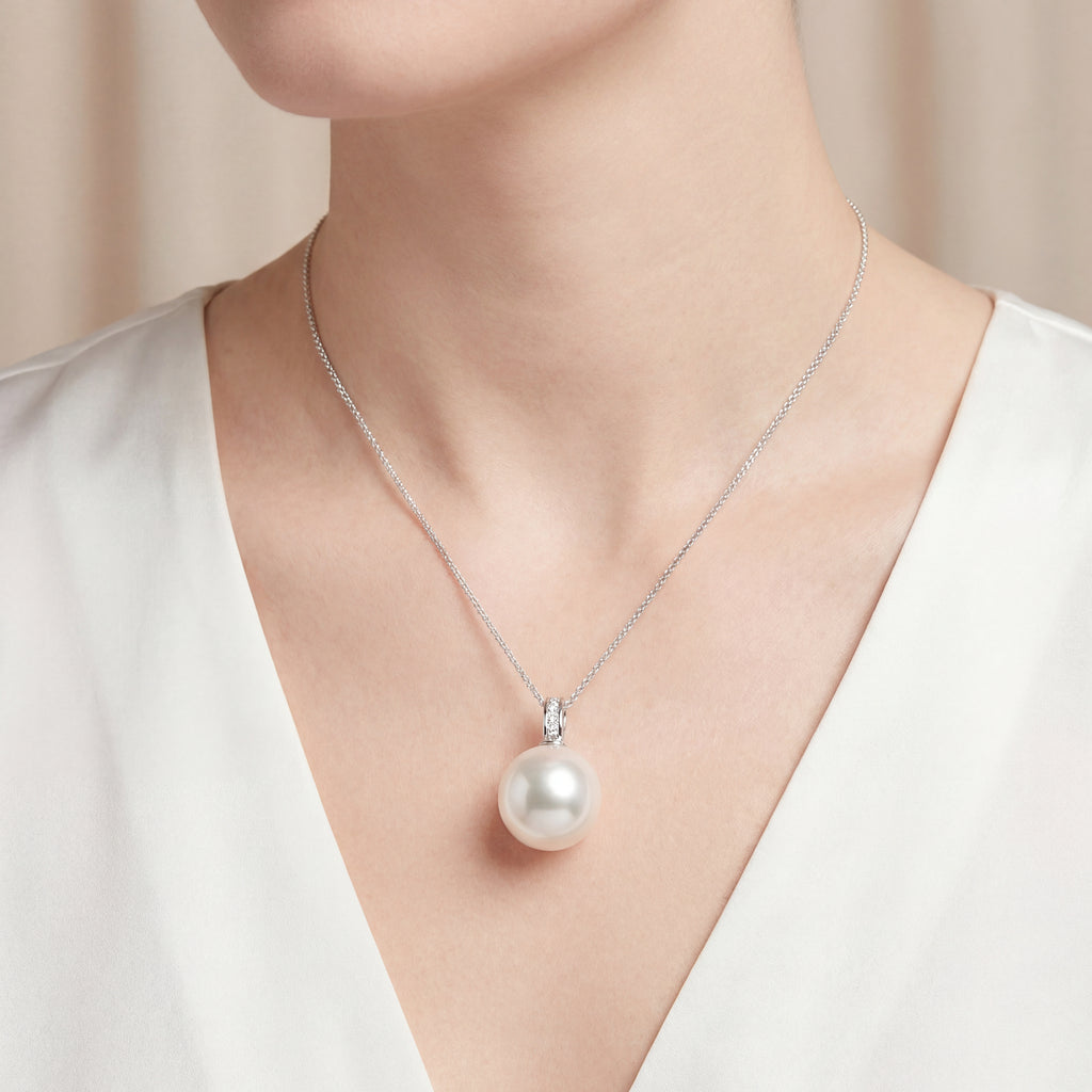 Australian South Sea Pearl - Round 12mm Diamonds Bail Pendant, view 2 — Levendi Jewellers