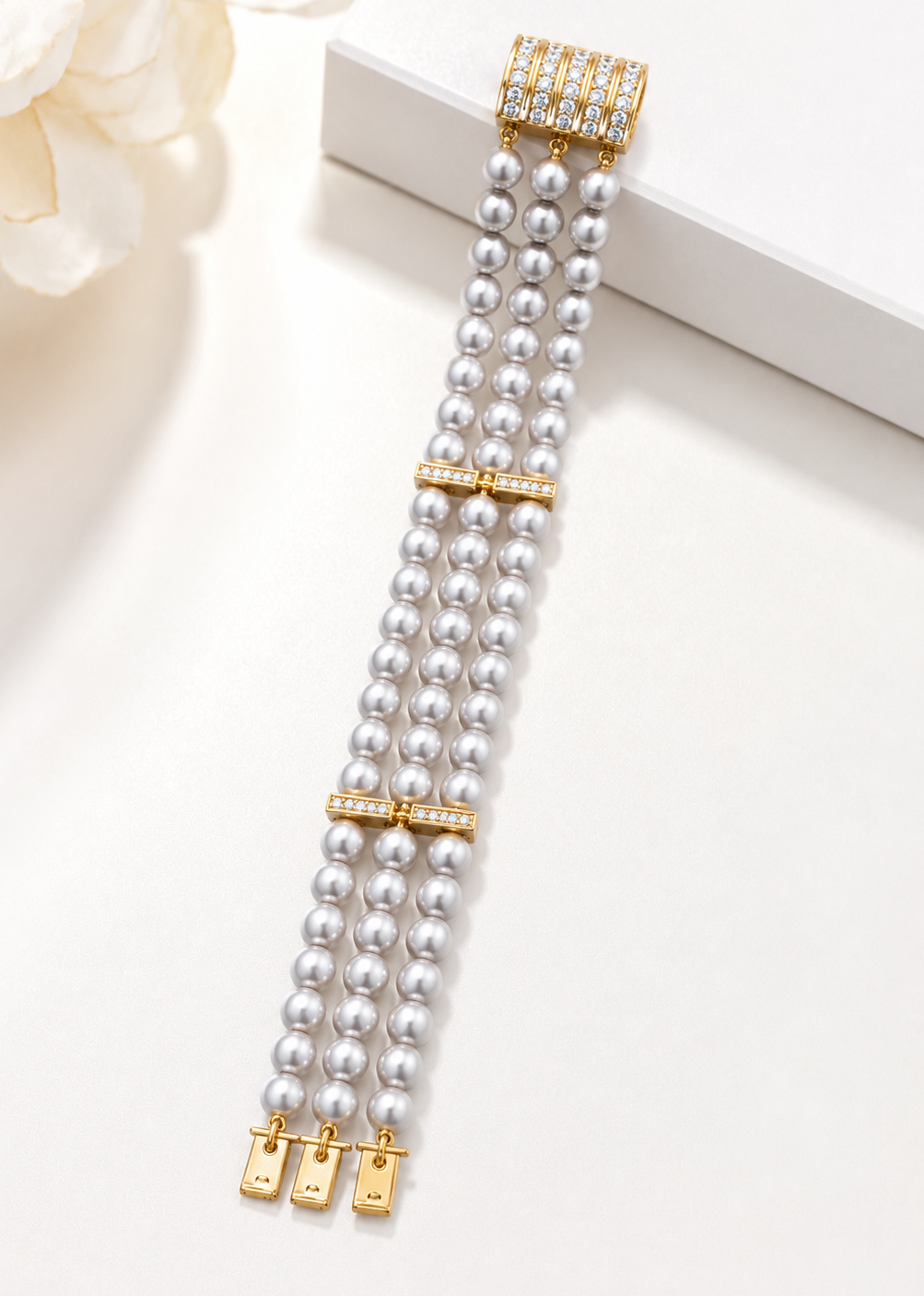 Akoya Pearl 3 Rows Gold & Diamond Bracelet — Levendi Jewellers