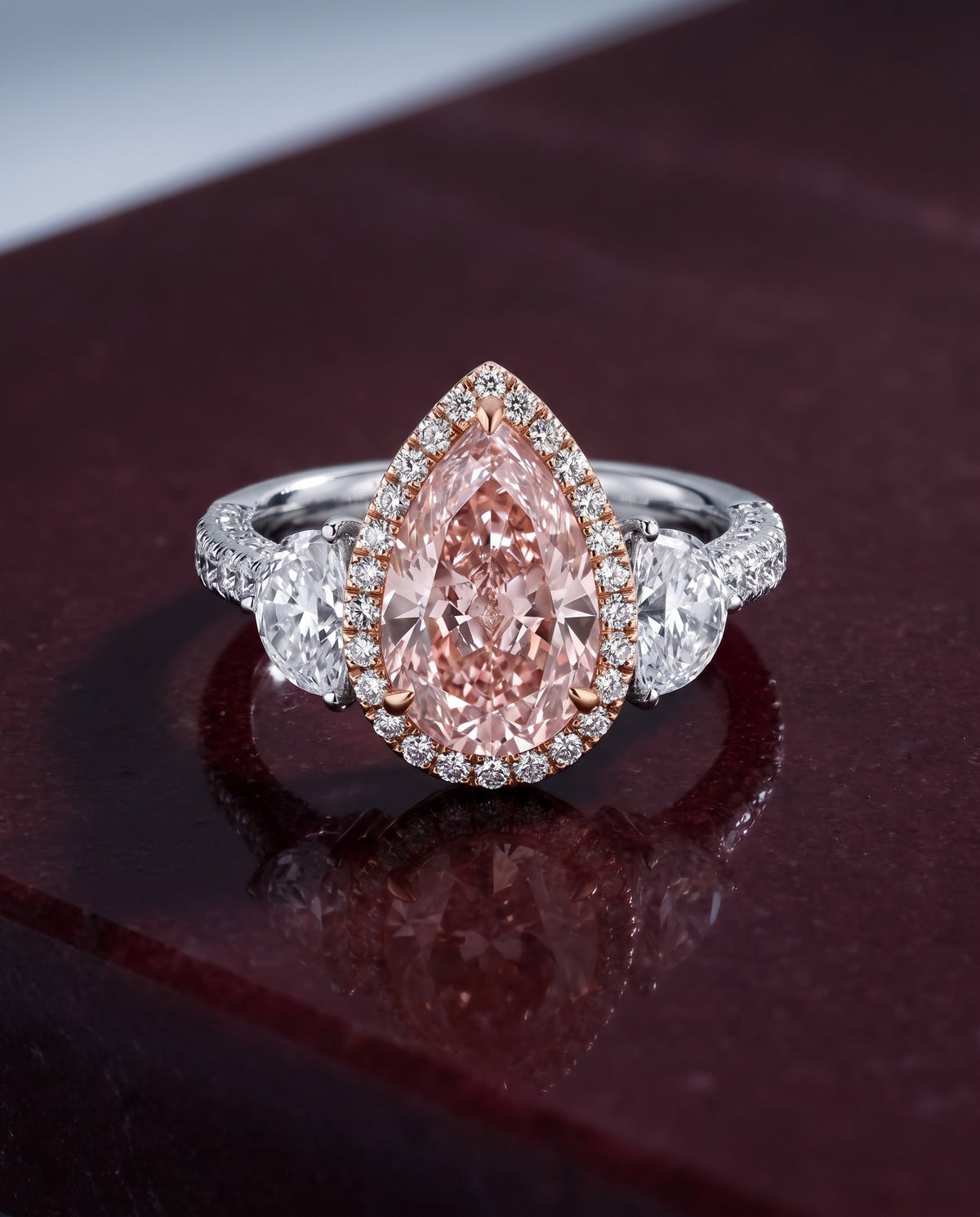Myrella Pink Diamond Engagement Ring — Levendi Jewellers, on burgundy stone