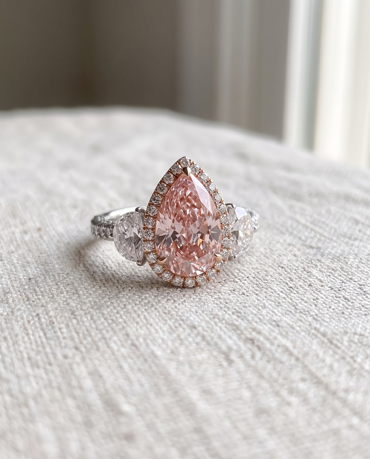 Myrella Pink Diamond Engagement Ring — Levendi Jewellers, on raw bone linen