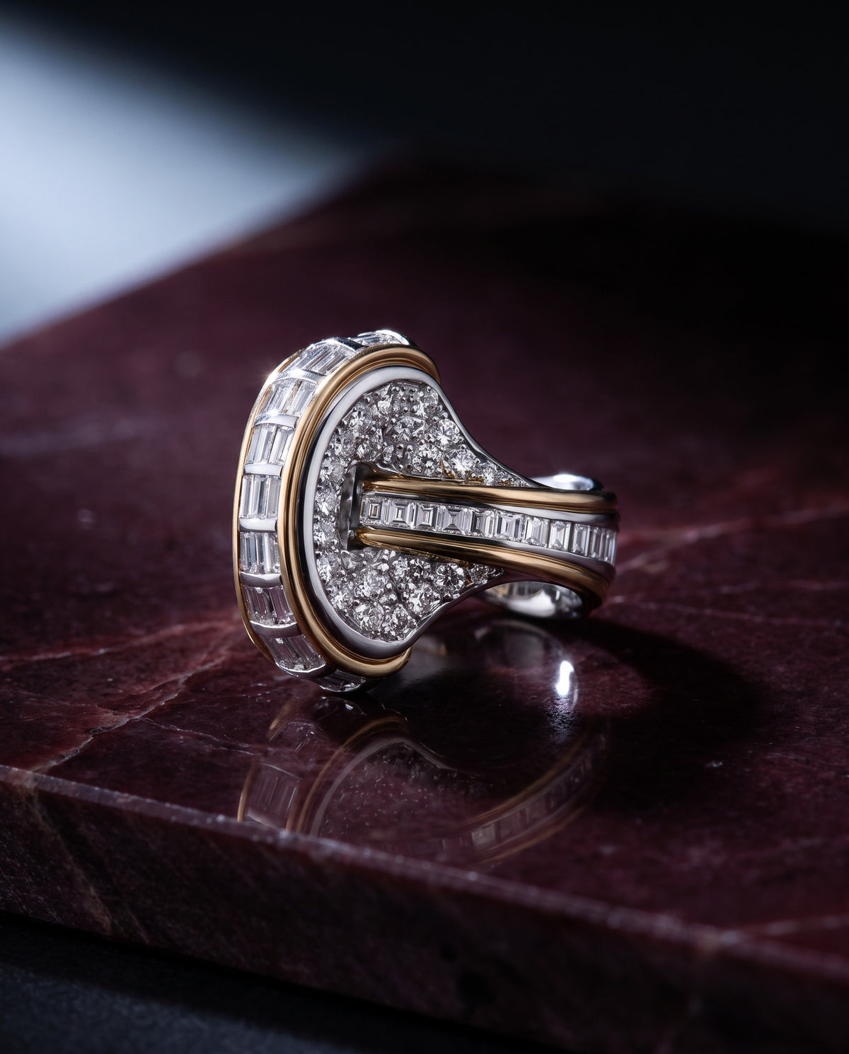 The Wave - Final in Paris International De Beers Diamond Awards Ring — Levendi Jewellers, on burgundy stone