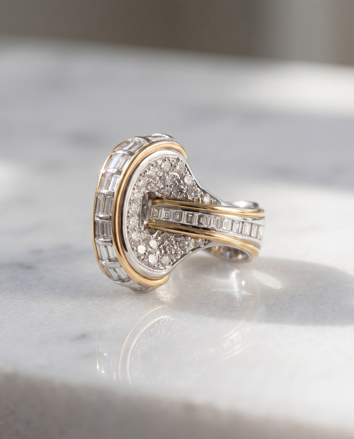The Wave - Final in Paris International De Beers Diamond Awards Ring — Levendi Jewellers, on white Thassos marble