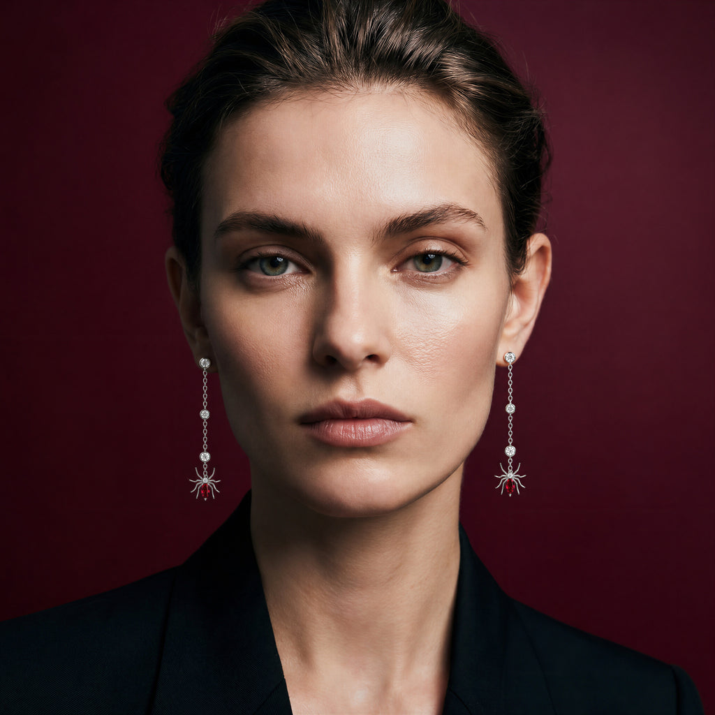 Arachnea Aurea - Web of love Ruby & Diamond Spider Drop Earrings, view 2 — Levendi Jewellers