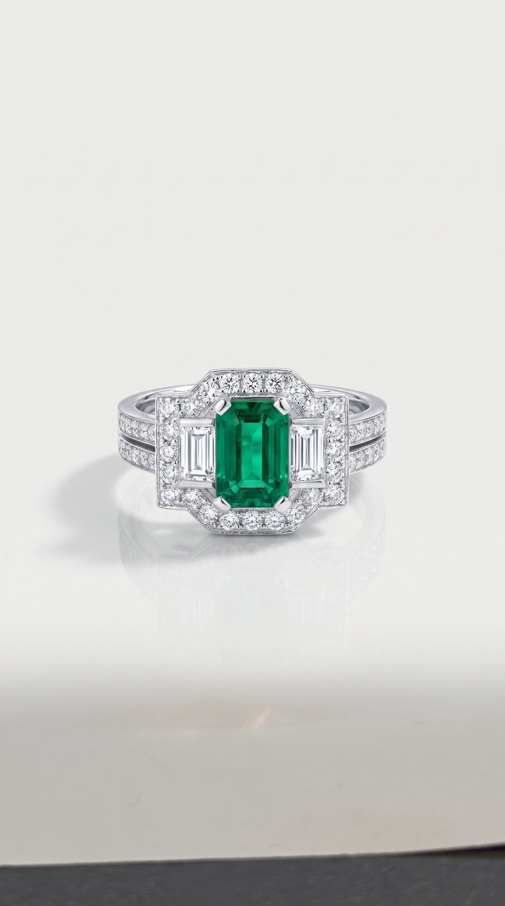 Art Deco Elongated Emerald Trilogy Diamond Ring — Levendi Jewellers