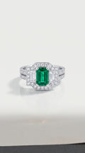 Art Deco Elongated Emerald Trilogy Diamond Ring