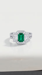 Art Deco Elongated Emerald Trilogy Diamond Ring — Levendi Jewellers