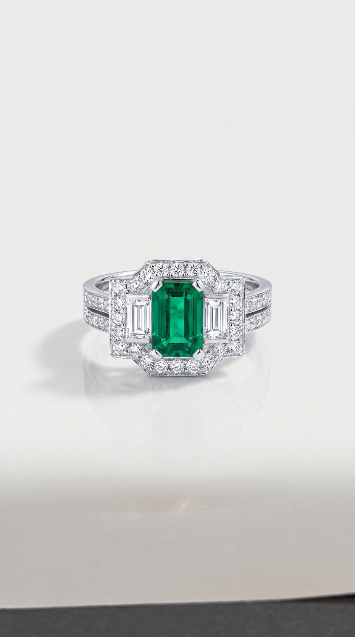 Art Deco Elongated Emerald Trilogy Diamond Ring — Levendi Jewellers